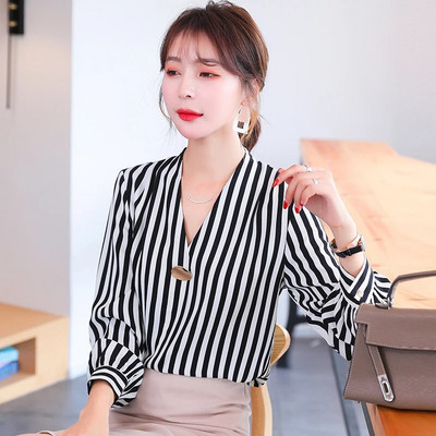 Cămașă casual cu dungi negre pentru femei bluză cu mânecă lungă cămașă de șifon cu decolteu în V de modă coreeană cămașă de lucru OL de bază topuri pentru femei