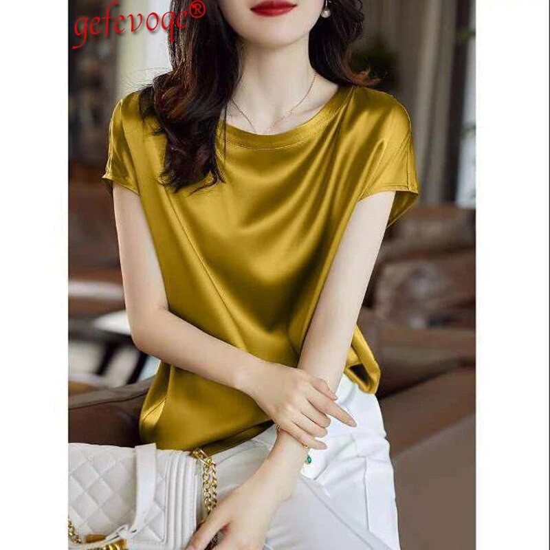Szatén vékony blúzok 2021 női nyári divat ruházat Elegáns tömör irodai női felsők rövid ujjú, nyakú, alappóló póló