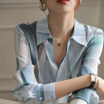 2023 Пролетна шифонена блуза с нов печат Дамска широка риза с градиент с дълъг ръкав Ежедневни модни дамски дрехи