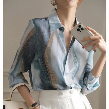 2023 Пролетна шифонена блуза с нов печат Дамска широка риза с градиент с дълъг ръкав Ежедневни модни дамски дрехи
