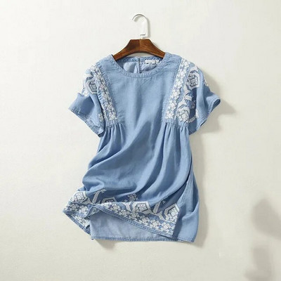 Moteriški viršutiniai drabužiai, 2021 m., laisvi vasaros laisvalaikio marškinėliai Moteriški gėlėmis siuvinėti palaidinė Moteriški biuro marškinėliai Camisa Jeans Feminina