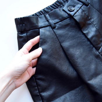 QOERLIN S-4XL Модни къси панталони от PU кожа Дамски есенни зимни бермудски ластични талии Свободни кожени панталони с пет точки Къси панталони