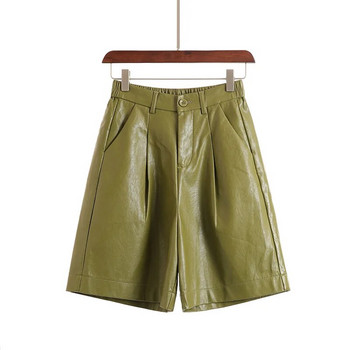 QOERLIN S-4XL Модни къси панталони от PU кожа Дамски есенни зимни бермудски ластични талии Свободни кожени панталони с пет точки Къси панталони