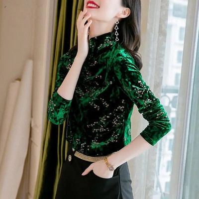 Žalia aksominė palaidinė 2021 m. rudens žiemos moteriški marškiniai ilgomis rankovėmis, apatiniai moteriški šilti vintažiniai blusai moteriški palaidinės