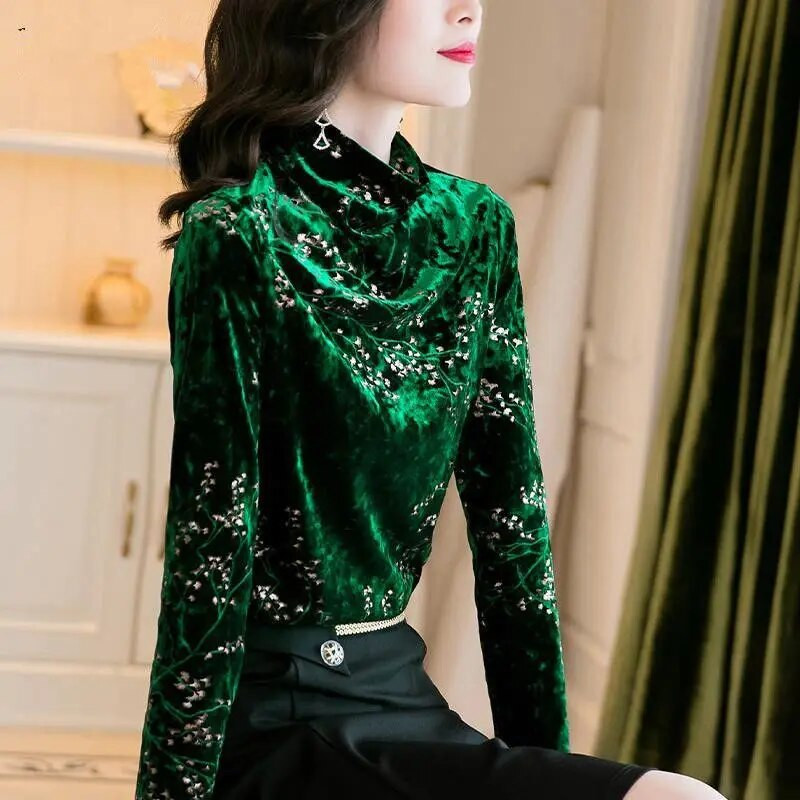 Žalia aksominė palaidinė 2021 m. rudens žiemos moteriški marškiniai ilgomis rankovėmis, apatiniai moteriški šilti vintažiniai blusai moteriški palaidinės