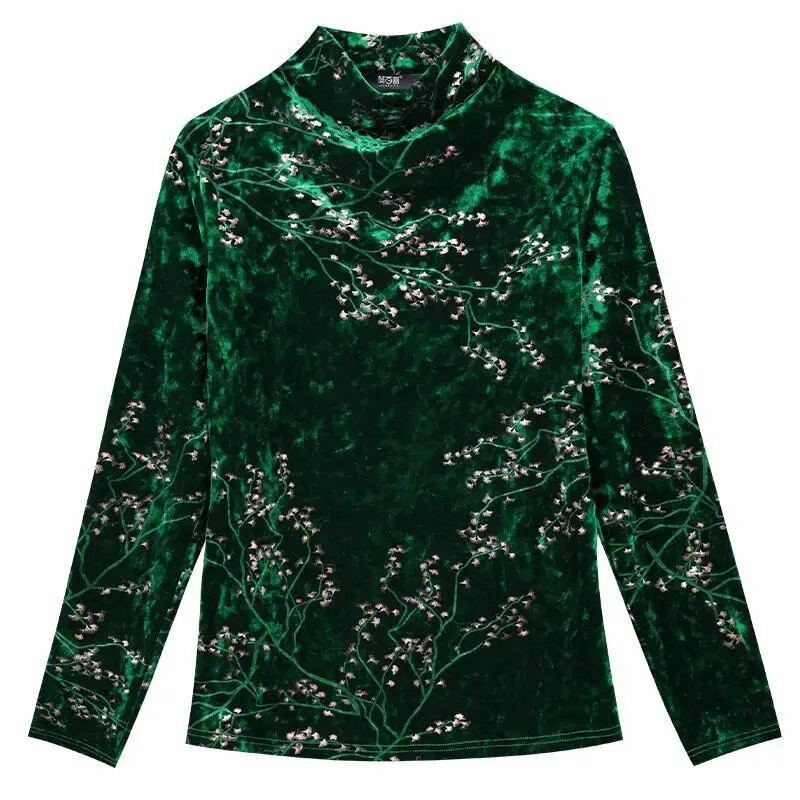 Žalia aksominė palaidinė 2021 m. rudens žiemos moteriški marškiniai ilgomis rankovėmis, apatiniai moteriški šilti vintažiniai blusai moteriški palaidinės