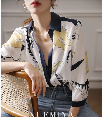 Модна луксозна дамска шифонена риза във френски стил дамска блуза с щампи Пролет Лято с половин ръкав Топове blusa mujer
