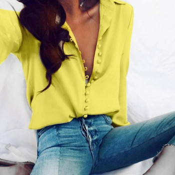Allukasa Fashion Casual Едноцветни дамски офис горнища Секси копчета Блуза с дълъг ръкав 2020 нова пролет Дамска шифонена бяла риза