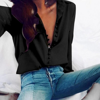 Allukasa Fashion Casual Едноцветни дамски офис горнища Секси копчета Блуза с дълъг ръкав 2020 нова пролет Дамска шифонена бяла риза