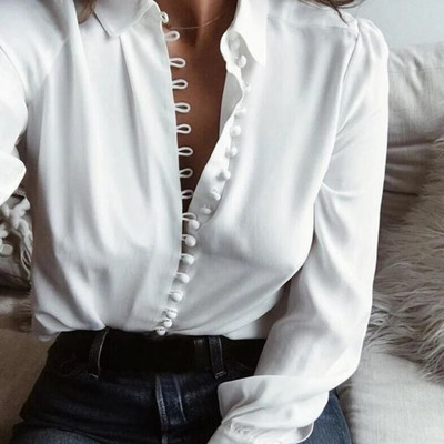 Allukasa Fashion Casual μονόχρωμο γυναικείο μπλουζάκι γραφείου με σέξι κουμπιά Μακρυμάνικη μπλούζα 2020 νέο Γυναικείο σιφόν άνοιξη πουκάμισο λευκό