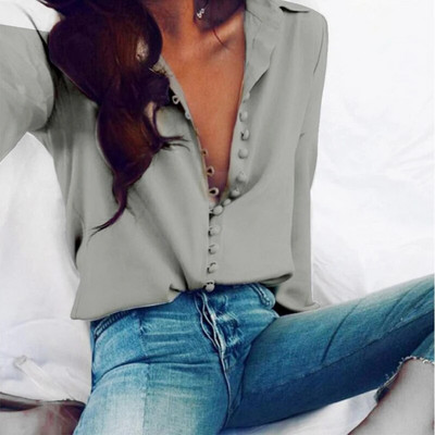 Allukasa la modă ocazional de culoare uni bluză de birou pentru femei, sexy, cu nasturi, bluză cu mânecă lungă, cămașă albă din șifon pentru femei, de primăvară 2020
