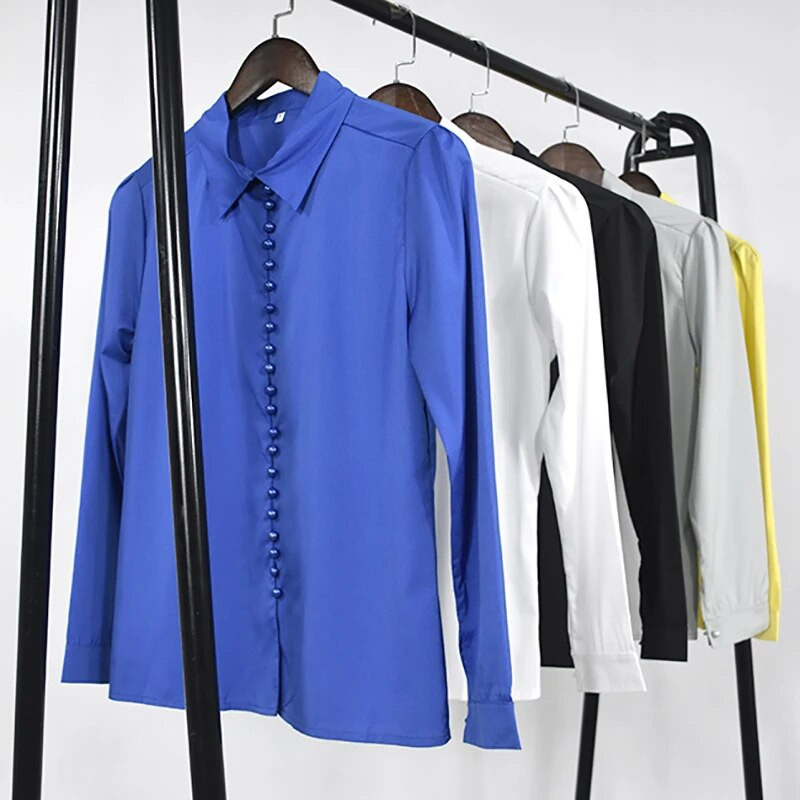 Allukasa Fashion Kasdienis Vienspalvis Moteriški Viršūnės Seksualios Sagos ilgomis rankovėmis Palaidinė 2020 Nauji pavasario moteriški šifoniniai balti marškiniai