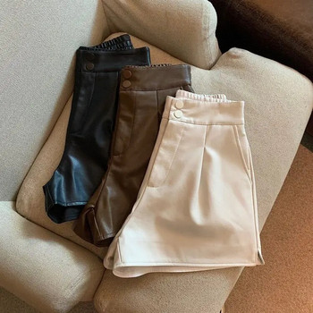 Дамски шик, модни странични джобове, черни къси панталони от изкуствена кожа, ретро, висока талия, цип, летящи женски къси панталони Mujer PU Y2k Секси