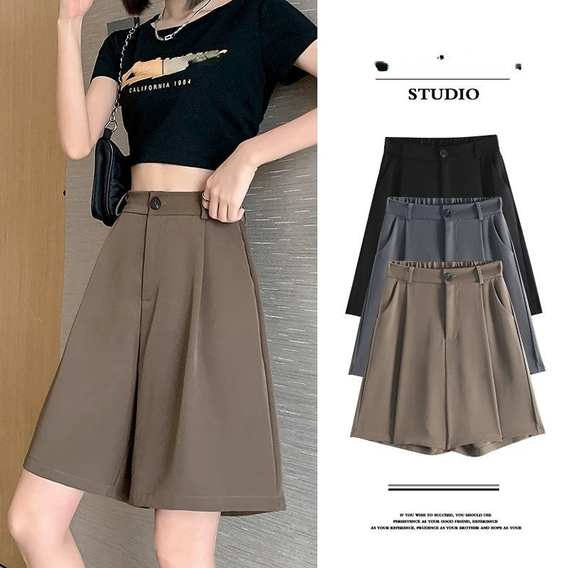 Ljeto 2023. Bijelo crno odijelo Kratke hlače Ženske široke kratke hlače visokog struka Ženske ležerne poluhlače Široke hlače do koljena Femme