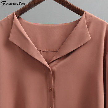 Foxmertor Дамски ризи Ежедневни едноцветни връхни дрехи Топове 2020 Есен Нова дамска шифонена блуза Офис дама с V-образно деколте Копче Свободно облекло