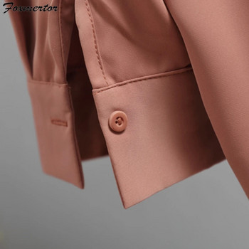 Foxmertor Дамски ризи Ежедневни едноцветни връхни дрехи Топове 2020 Есен Нова дамска шифонена блуза Офис дама с V-образно деколте Копче Свободно облекло