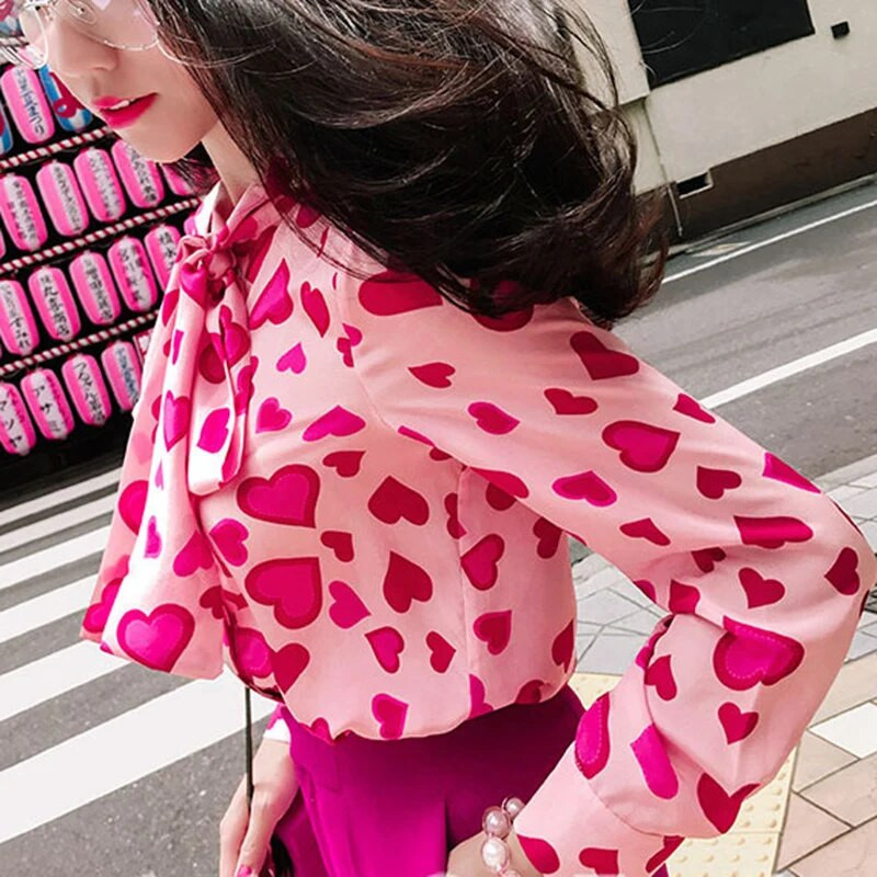 Fanco Vintage Heart Print pikkade varrukatega šifoonpluus Magus naiste särk Lips Sügis uus mood topsid Chemise Camisa