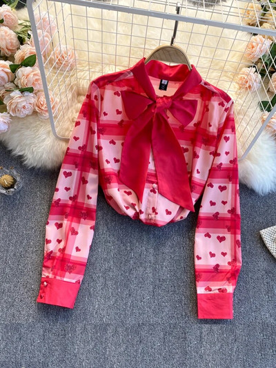 Spring Summer New Style Fashion Blouse Female Print Bow Tie Blusa Stand Collar Slim Shirt C522