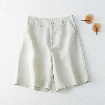 Ленени плътни ежедневни джобни копчета Дамски къси панталони с широки крачоли с висока талия Корейска мода Свободни прави къси летни костюми 2023 Дамски