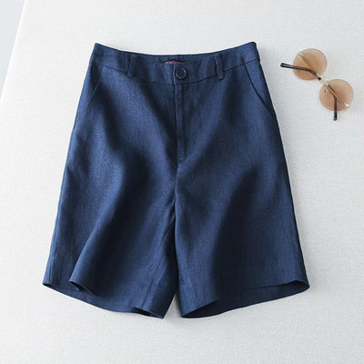 Lininiai tvirti laisvalaikio kišeniniai mygtukai aukštu juosmeniu plačiomis kojomis moteriški šortai Korėjietiški madingi laisvi tiesūs 2023 m. vasaros kostiumo šortai, moteriški