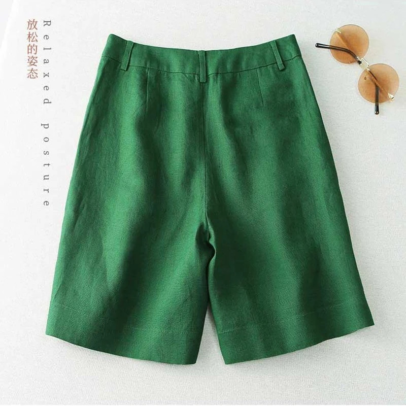 Lininiai tvirti laisvalaikio kišeniniai mygtukai aukštu juosmeniu plačiomis kojomis moteriški šortai Korėjietiški madingi laisvi tiesūs 2023 m. vasaros kostiumo šortai, moteriški