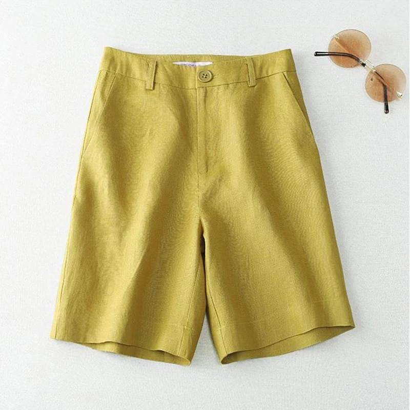 Lininiai tvirti laisvalaikio kišeniniai mygtukai aukštu juosmeniu plačiomis kojomis moteriški šortai Korėjietiški madingi laisvi tiesūs 2023 m. vasaros kostiumo šortai, moteriški