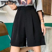 WTEMPO Pantaloni scurți negri pentru femei, vară, nasturi deasupra genunchiului, pantaloni scurți cu picioare largi, draperie largi, coreeană, casual, pentru birou, pentru damă, îmbrăcăminte de stradă