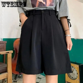 Черни къси панталони WTEMPO Дамски летни къси панталони с широки крачоли с копчета над коляното Свободни корейски ежедневни офис дамски къси панталони Streetwear