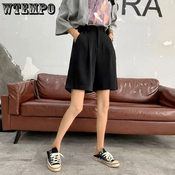 WTEMPO Μαύρο σορτς Γυναικείο καλοκαιρινό κουμπάκι πάνω από το γόνατο Κοντό παντελόνι με φαρδύ πόδι, φαρδιά ντραπέ Κορεάτικο casual γραφείο Lady σορτς Streetwear