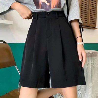 WTEMPO Pantaloni scurți negri pentru femei, vară, nasturi deasupra genunchiului, pantaloni scurți cu picioare largi, draperie largi, coreeană, casual, pentru birou, pentru damă, îmbrăcăminte de stradă