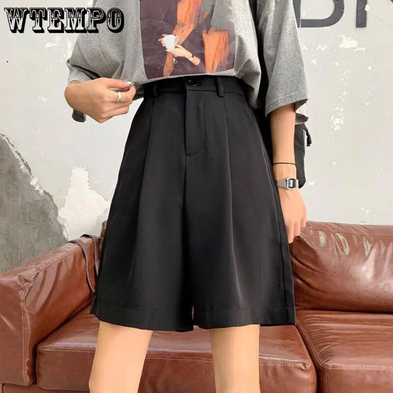 WTEMPO juodi šortai, moteriški vasaros mygtukai virš kelių Plačios trumpos kelnės Laisvos korėjietiškos laisvalaikio biuro šortai Moteriški šortai Gatvės drabužiai
