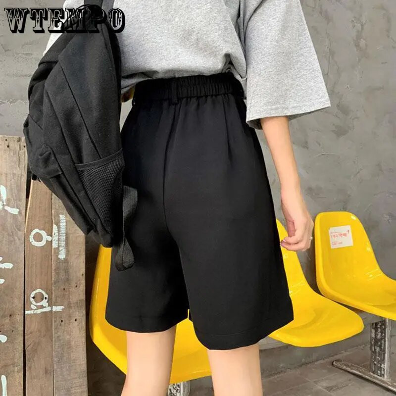 WTEMPO juodi šortai, moteriški vasaros mygtukai virš kelių Plačios trumpos kelnės Laisvos korėjietiškos laisvalaikio biuro šortai Moteriški šortai Gatvės drabužiai