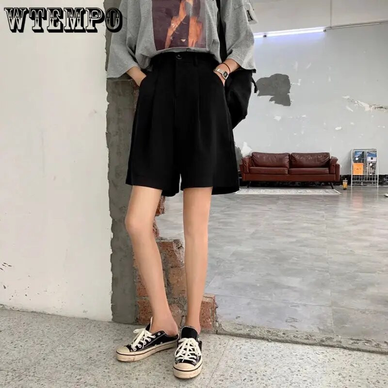 WTEMPO juodi šortai, moteriški vasaros mygtukai virš kelių Plačios trumpos kelnės Laisvos korėjietiškos laisvalaikio biuro šortai Moteriški šortai Gatvės drabužiai