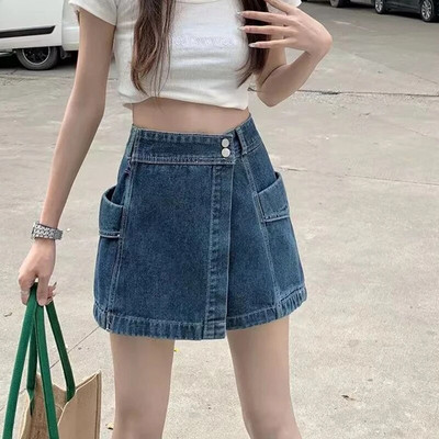 Rimocy fustă în stil coreean cu talie înaltă pantaloni scurți femei 2023 cu buzunare de vară pantaloni scurți din denim femei cu nasturi dublu fustă a linie pantaloni femei