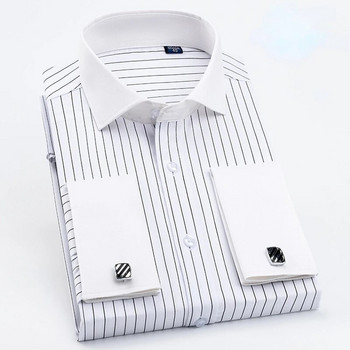 Качествена мъжка риза с френски копчета за ръкавели Мъжка риза с дълги ръкави, ежедневни тесни ризи с маншети (включени копчета за ръкавели)