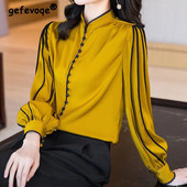 Cămașă elegantă, ocazională, solidă, din satin, cu nasturi, toamna 2023, cu guler lung, cămașă cu mâneci lungi, pulovere largi, Topuri, îmbrăcăminte pentru femei