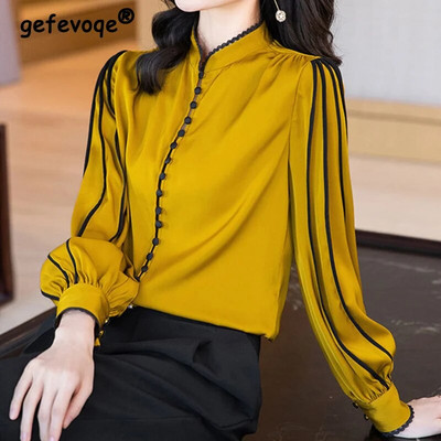 Κομψό μοντέρνο πουκάμισο με μασίφ σατέν κουμπιά φθινόπωρο 2023 με γιακά με μακρύ μανίκι Φαρδιά πουλόβερ Γυναικεία ρούχα