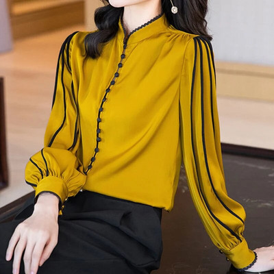 Cămașă elegantă, ocazională, solidă, din satin, cu nasturi, toamna 2023, cu guler lung, cămașă cu mâneci lungi, pulovere largi, Topuri, îmbrăcăminte pentru femei