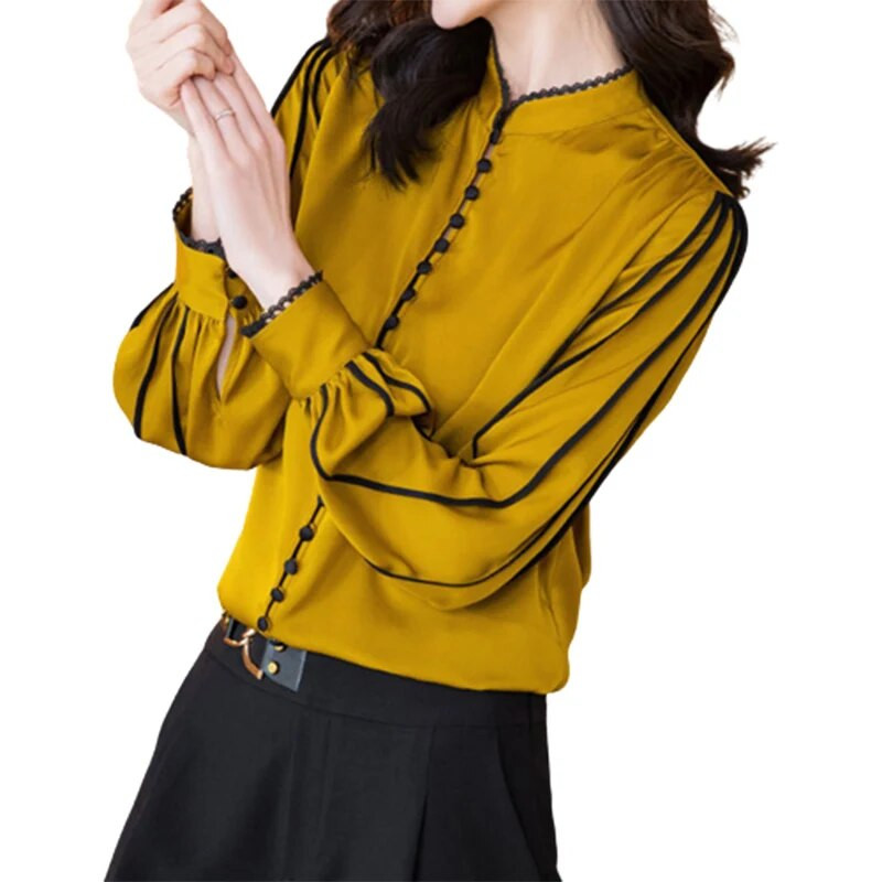 Elegantiški madingi laisvalaikio vientiso atlaso marškinėliai su satinukais, 2023 m. rudens, stovintys apykaklės ilgi marškiniai su palaidais megztiniais, viršutiniai moteriški drabužiai