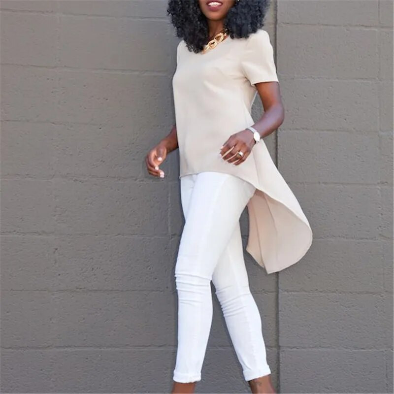 Sieviešu lielizmēra kreklu topi Jauni 2019. gada vasaras ikdienas krekli ar īsām piedurknēm Eleganti sieviete, brīva neregulāra blūze Das Shirt der Frauen