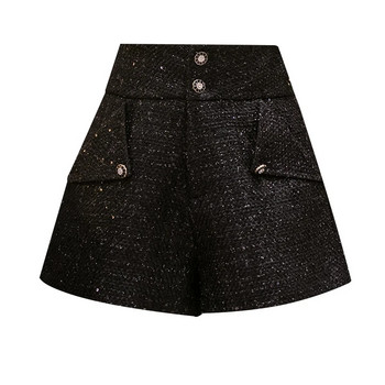 Висококачествени нови дамски къси панталони с широки крачоли 2023 Пролетни вълнени къси панталони Дамски модни едноцветни къси панталони от туид с висока талия