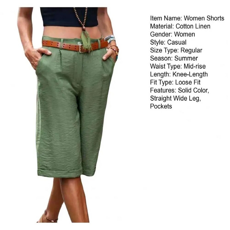 Vidutinio aukščio kišenė, tiesi, plati moteriški šortai Vienspalviai šortai iki kelių Moteriški medvilniniai lininiai Harajuku trumpos kelnės шорты 반바지