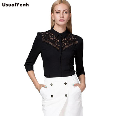 Нови дамски боди ризи Блузи Slim Fit с обърната яка Моден дантелен пачуърк дизайн Три четвърти ръкав Черен SY0287 S-XL