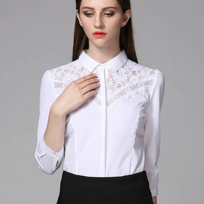 Cămașă pentru corp pentru femei Bluze slim Fit guler răsucit modă dantelă design mozaic cu mâneci trei sferturi negru SY0287 S-XL