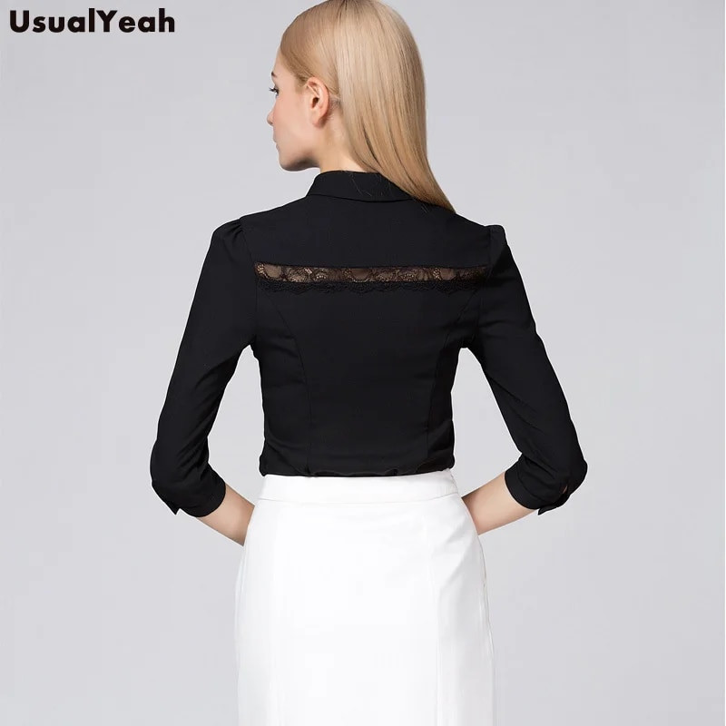 Új női test blúzok Slim Fit lehajtható gallérral divatos csipke patchwork design három negyed ujjú fekete SY0287 S-XL