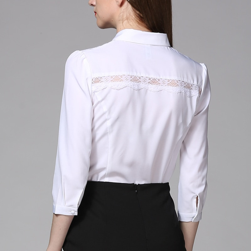 Új női test blúzok Slim Fit lehajtható gallérral divatos csipke patchwork design három negyed ujjú fekete SY0287 S-XL