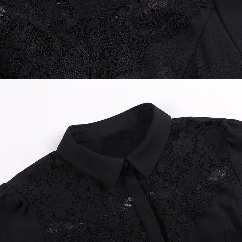 Új női test blúzok Slim Fit lehajtható gallérral divatos csipke patchwork design három negyed ujjú fekete SY0287 S-XL