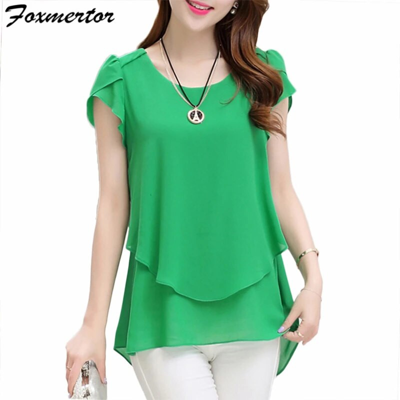 Bluză de damă Foxmertor cămașă 2020 cu mânecă scurtă, plus dimensiune, 5XL, bluză din șifon, cu decolteu O, uni, largi Bluze pentru femei Top F108