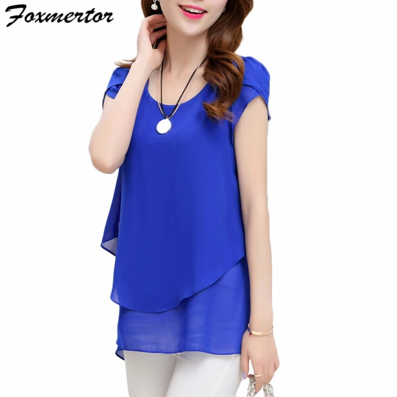 Bluză de damă Foxmertor cămașă 2020 cu mânecă scurtă, plus dimensiune, 5XL, bluză din șifon, cu decolteu O, uni, largi Bluze pentru femei Top F108