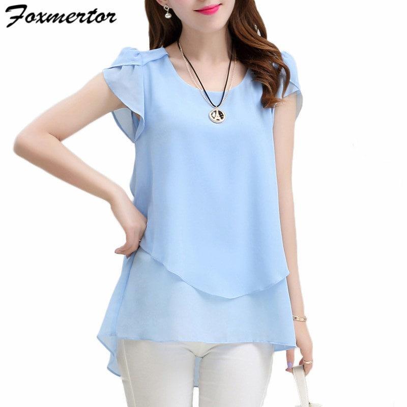 Bluză de damă Foxmertor cămașă 2020 cu mânecă scurtă, plus dimensiune, 5XL, bluză din șifon, cu decolteu O, uni, largi Bluze pentru femei Top F108